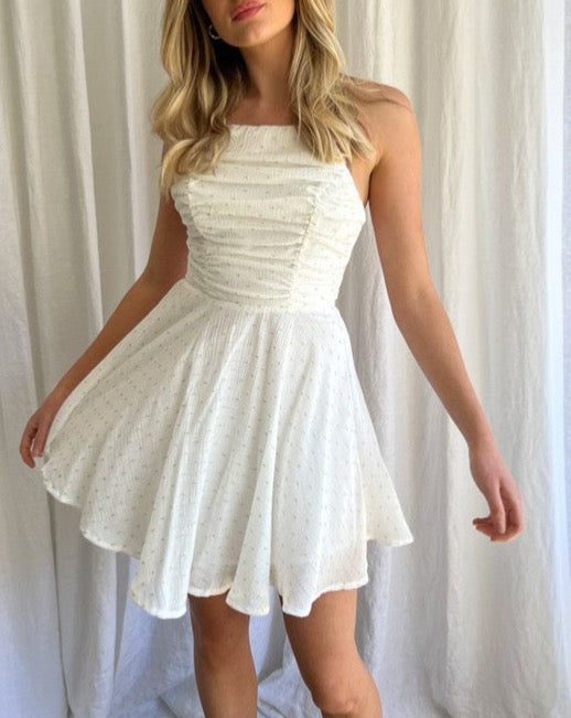 White Ruched Front Mini Skater Dress