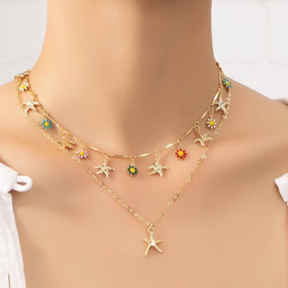 Two Row Star Flower Charm Necklace