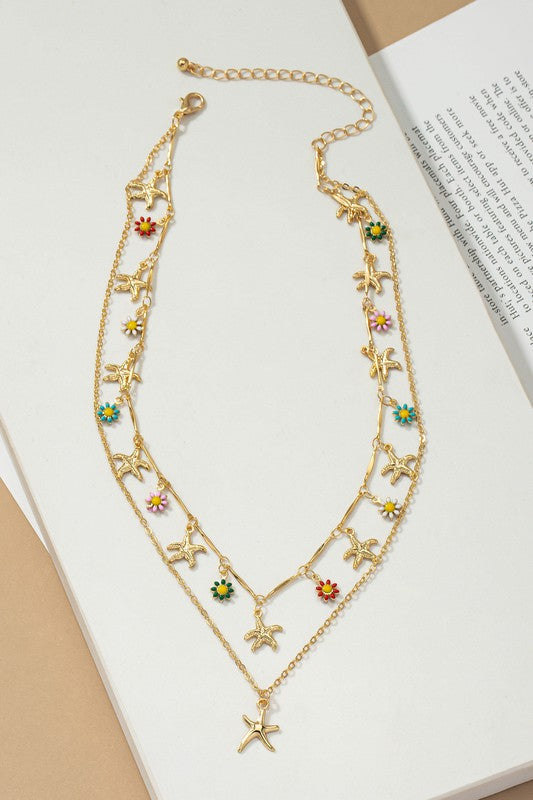 Two Row Star Flower Charm Necklace