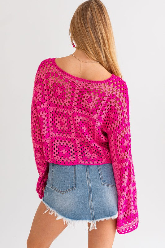 Pink Long Sleeve Crochet Top