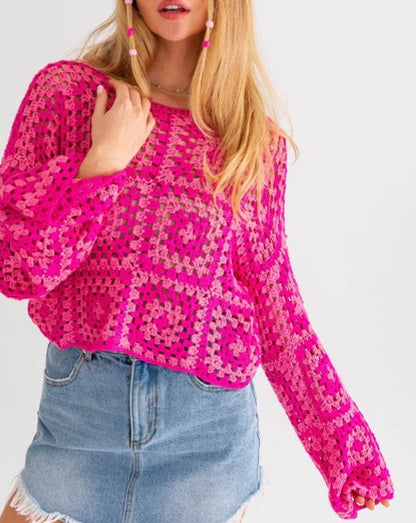 Pink Long Sleeve Crochet Top