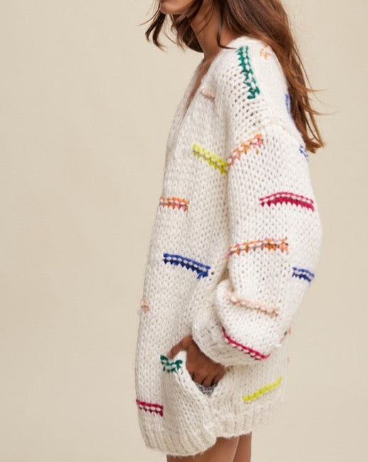 Hand Crochet Knit Stripe Design Open Cardigan