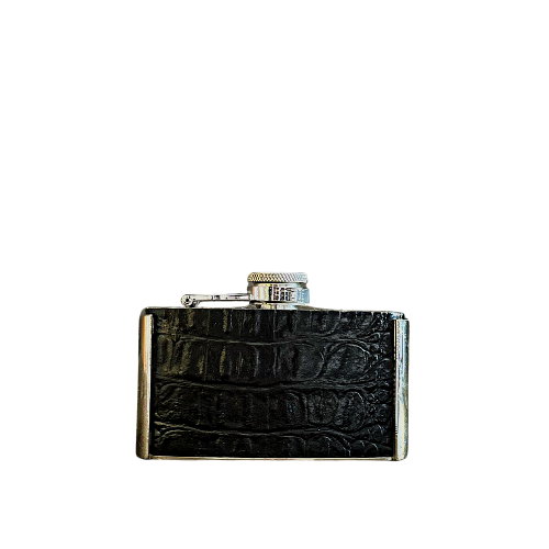 Black and silver Belt Buckle Flask is made of genuine cow hide fur and stainless steel.