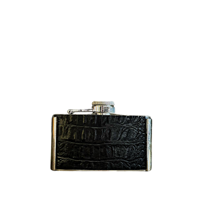 Black and silver Belt Buckle Flask is made of genuine cow hide fur and stainless steel.