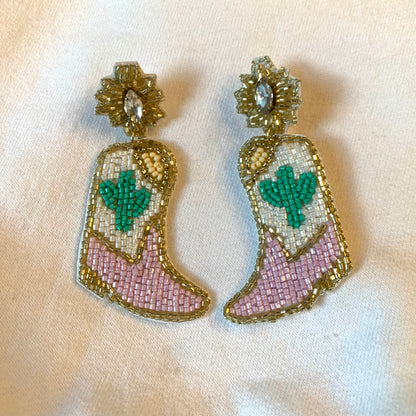 Pink And Green Beaded Cowboy Boots Earrings - BRYKNOLO LLC